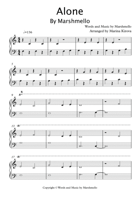 Alone By Marshmello Easy Piano With Note Names Music Sheet