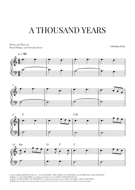 A Thousand Years Easy Beginner Piano C Major Music Sheet Download Topmusicsheet Com