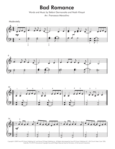 bad romance acoustic piano sheet
