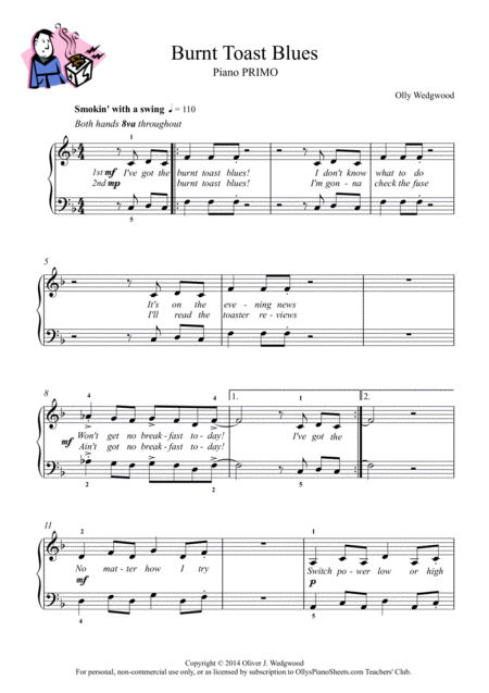 Burnt Toast Blues Jazz Swing Piano Duet For 4 Hands Music Sheet