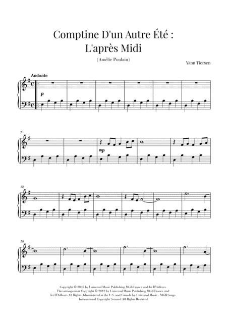 Comptine D Un Autret L Aprs Midi Yann Tiersen Piano Early Intermediate Music Sheet Download Topmusicsheet Com See yann tiersen sheet music arrangements available from sheet music direct; top music sheets