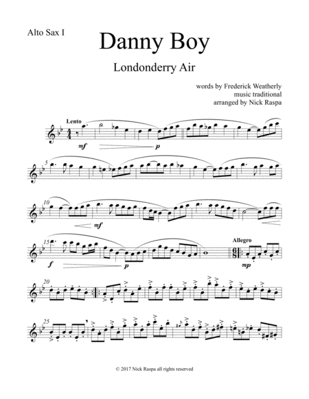 Danny Boy For Saxophone Quintet Alto Sax 1 Part Music Sheet Download Topmusicsheet Com