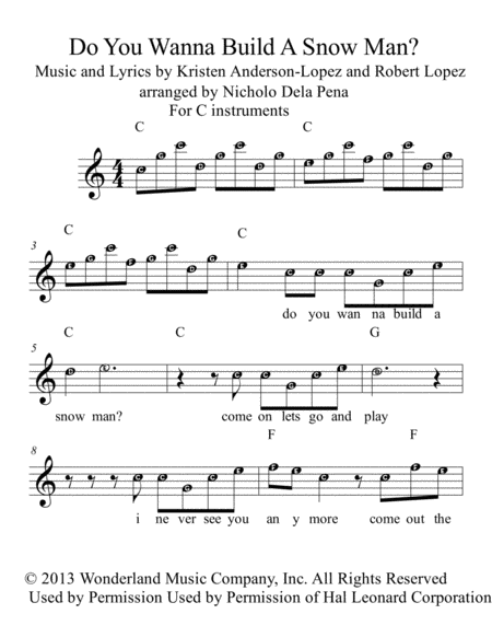 Do You Want To Build A Snowman Easy To Read Aplhabetized Big Notes With Chords For C Instruments Music Sheet Download Topmusicsheet Com