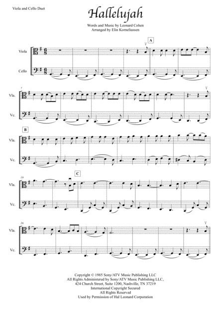 Hallelujah By Leonard Cohen For Viola And Cello Duet Music Sheet Download Topmusicsheet Com