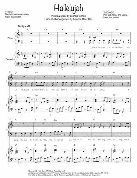Hallelujah Easy Piano Duet Music Sheet Download