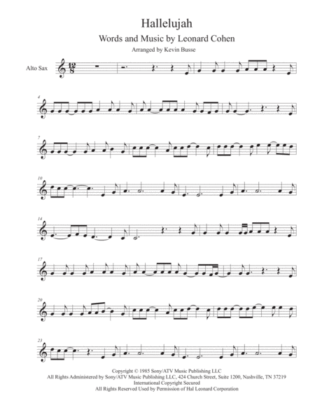 Hallelujah In The Easy Key Of C Alto Sax Music Sheet Download