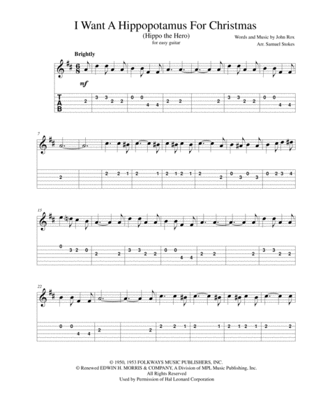 I Want A Hippopotamus For Christmas Hippo The Hero For Easy Guitar With Tab Music Sheet Download ...