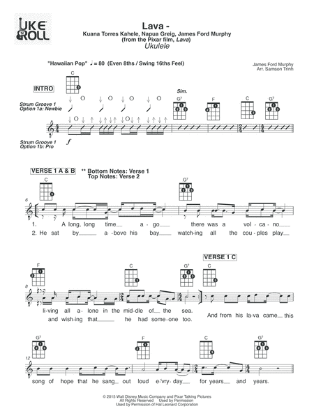 Lava From The Pixar Film Lava Ukulele Music Sheet Download Topmusicsheet Com The ukulele chord font is chordette for education, available at ukefarm.com. top music sheets