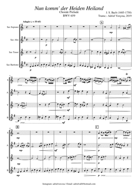 Nun Komm Der Heiden Heiland Bwv 659 Bach Chorale Prelude Saxophone ...
