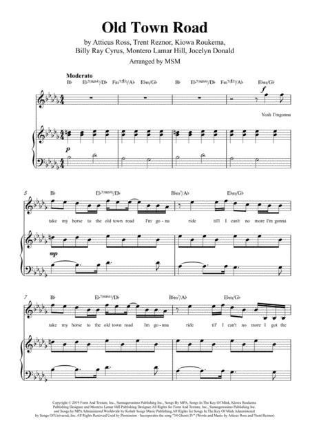 Old Town Road In B Flat Minor For Voice And Piano Music Sheet