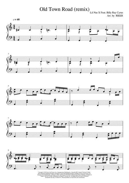 Old Town Road Remix Piano Solo For Intermediate Music Sheet