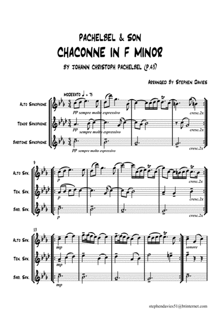 Pachelbel Son Chaconne In F Minor By J C Pachelbel And Praeludium Fugue In D Major By W H Pachelbel For Saxophone Trio Quartet Music Sheet Download Topmusicsheet Com