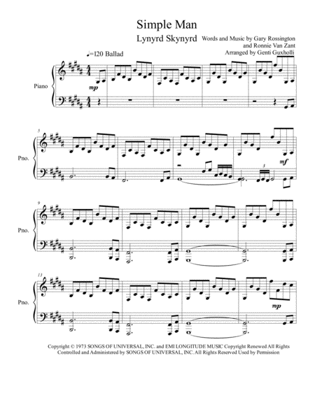 Simple Man Piano Solo Music Sheet Download Topmusicsheet Com