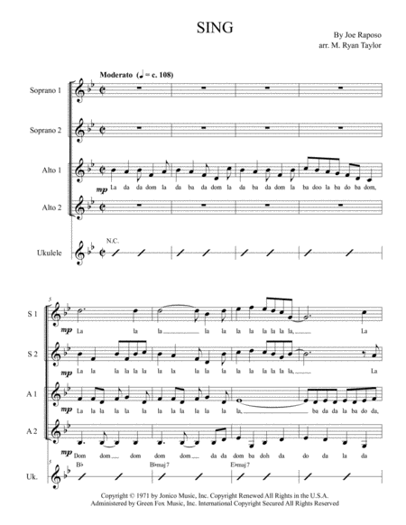 Sing Sing A Song Carpenters Sesame Street For Ssaa Choir And Opt Ukulele Chords Music Sheet Download Topmusicsheet Com