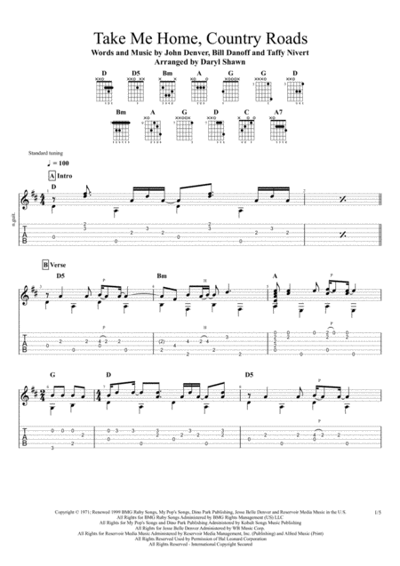 Take Me Home Country Roads For Solo Fingerstyle Guitar Music Sheet Download Topmusicsheet Com