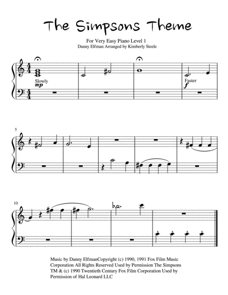 The Simpsons Theme For Very Easy Piano Level 1 Music Sheet.