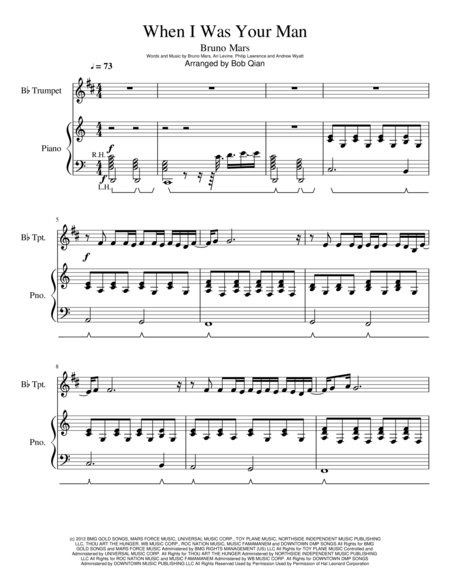 When I Was Your Man Bruno Mars Full Song Trumpet Piano Music Sheet Download Topmusicsheet Com