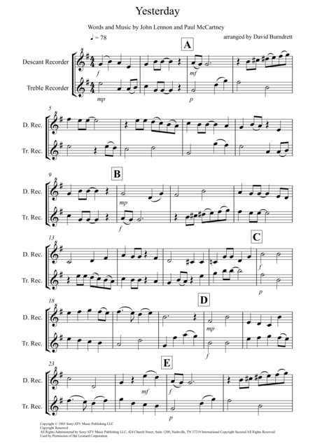Yesterday For Descant And Treble Recorder Duet Music Sheet Download Topmusicsheet Com
