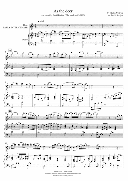 As The Deer Piano Flute Early Intermediate Music Sheet Download