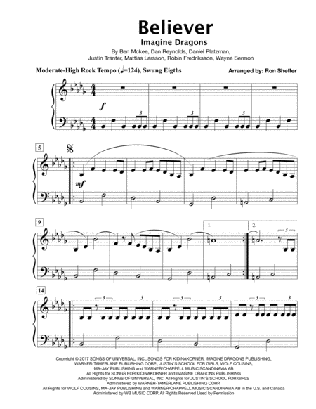 Believer Imagine Dragons Easy Piano In The Original Key Music Sheet
