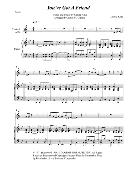 Carole King You Ve Got A Friend For Clarinet Piano Music Sheet Download