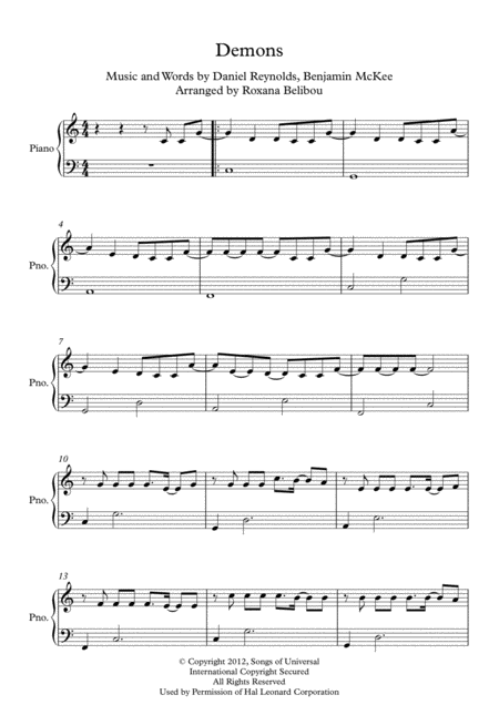 Demons C Major By Imagine Dragons Easy Piano Music Sheet Download