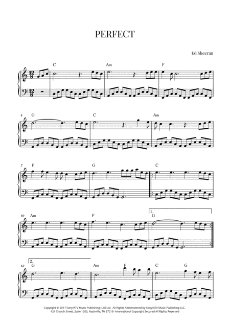 Ed Sheeran Perfect Easy Intermediate Piano C Major