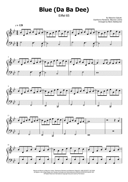 Eiffel 65 Blue Da Ba Dee Piano Solo Music Sheet Download - sheetmusicku.com