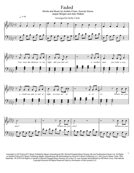 Faded Alan Walker Piano Solo In Original Key With Lyrics Music Sheet