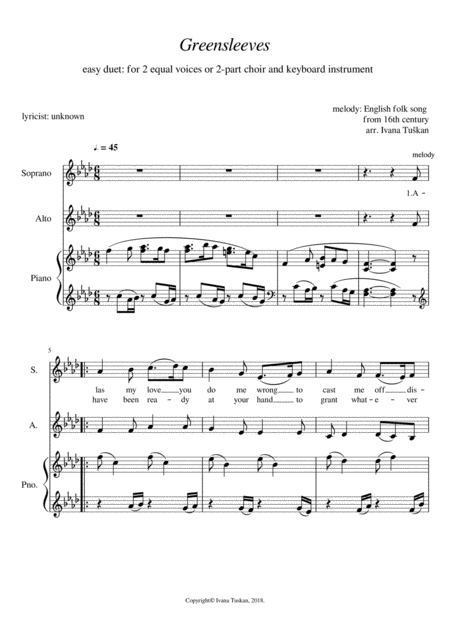 Easy Greensleeves Piano Sheet Music | piano sheet music with letters