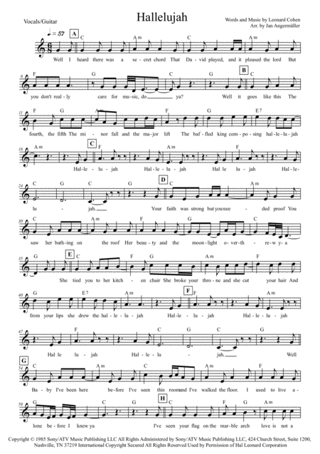 Hallelujah By Leonard Cohen Vocals W Chords Music Sheet Download