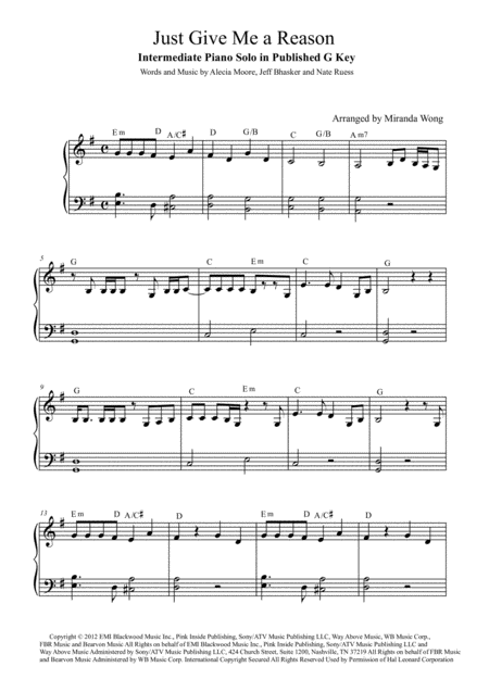 Just Give Me A Reason Piano Solo In Published G Key With Chords.