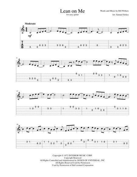 Lean On Me For Easy Guitar With Tab Music Sheet Download ...