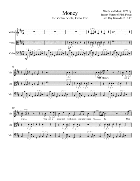 Money By Pink Floyd For Violin Viola Cello Trio Music Sheet Download ...