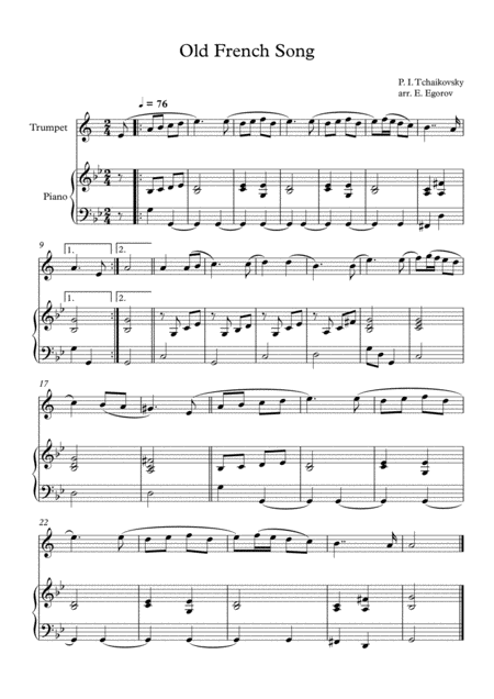 Old French Song Peter Ilyich Tchaikovsky For Trumpet Piano Music Sheet