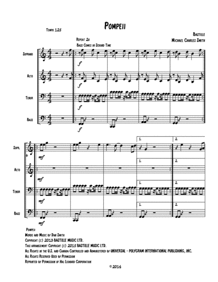Pompeii For Diatonic Or Chromatic Marimba Quartet Key Of C
