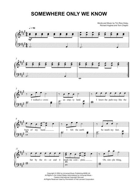 Somewhere Only We Know For Easy Piano Solo Music Sheet Download