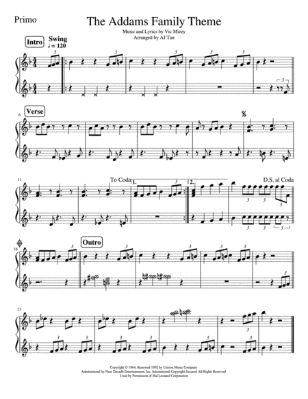 The Addams Family Theme Piano Duet Music Sheet Download - TopMusicSheet.com