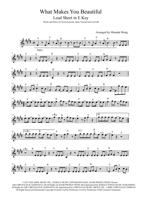 What Makes You Beautiful Lead Sheet In Published E Key With Chords.