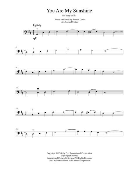You Are My Sunshine For Easy Cello Music Sheet Download 